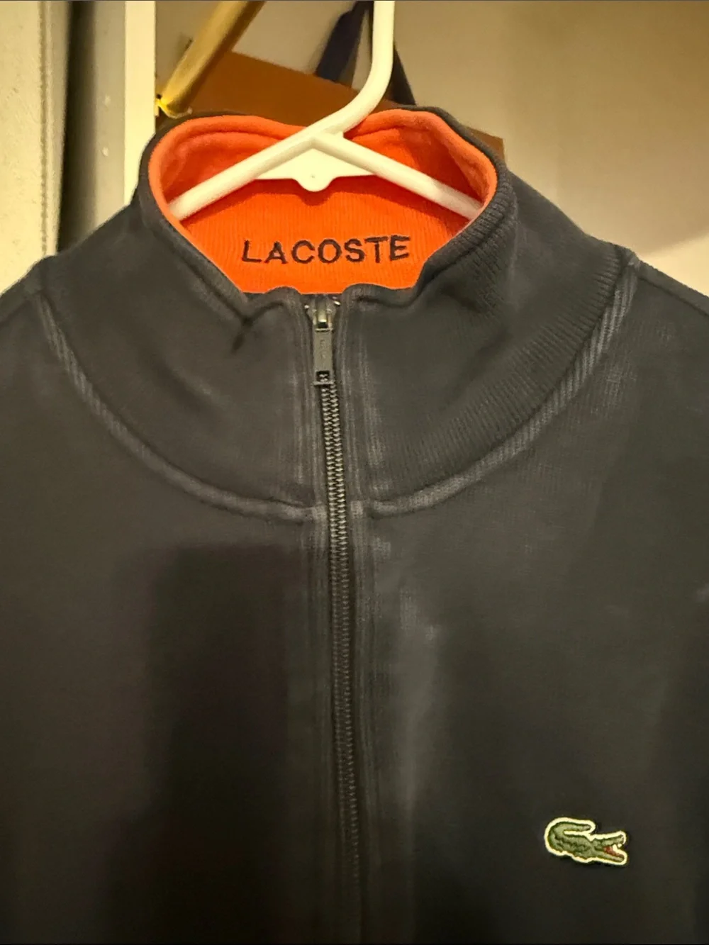 Lacoste Men's Navy Zip-Up Pullover with Orange Collar Trim